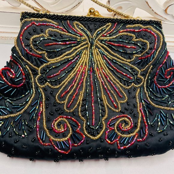 Black Beaded Purse with Butterfly - Picture 1 of 5